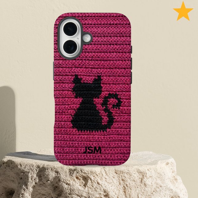 Coques Case-Mate iPhone Cute Fuchsia Crochet Cat Custom Initial Monogram   (Créateur téléchargé)