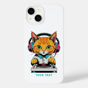 Coque Pour iPhone 14 Cute Ginger Chat DJ Pop Art Design Casques rétro
