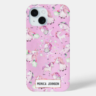 Coque Pour iPhone 15 Cute Girl rose Unicorne Aquarelle arc-en-ciel