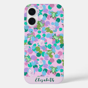Coque Pour iPhone 16 Cute girly grenouille rose art avec coutume nénuph