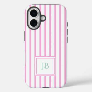 Coque Pour iPhone 16 Cute Girly Pink Striped Personalized Initial
