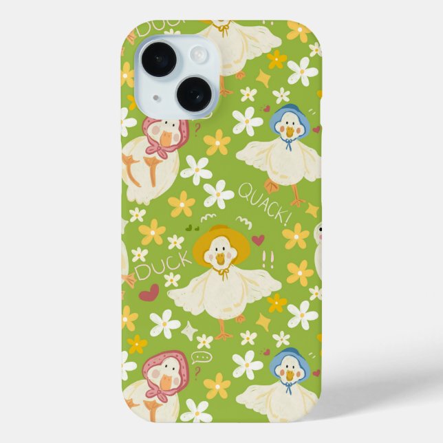 Coques Case-Mate iPhone Cute Green Duck & Daisy Flower Seamless Pattern (Verso)