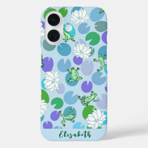 Coque Pour iPhone 16 Cute grenouille girly art avec bleu nénuphar coutu