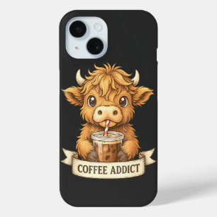 Coque Pour iPhone 15 Cute Highland Cow Coffee Addict Drôle Boire Café
