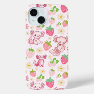 Coque Pour iPhone 15 Cute Kawaii Axolotl & Strawberry Seamless Pattern