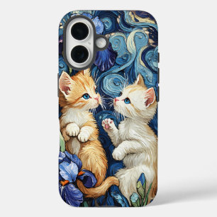 Coque Pour iPhone 16 Cute KIttens Jouer dans Van Gogh Irises Coque-Mate