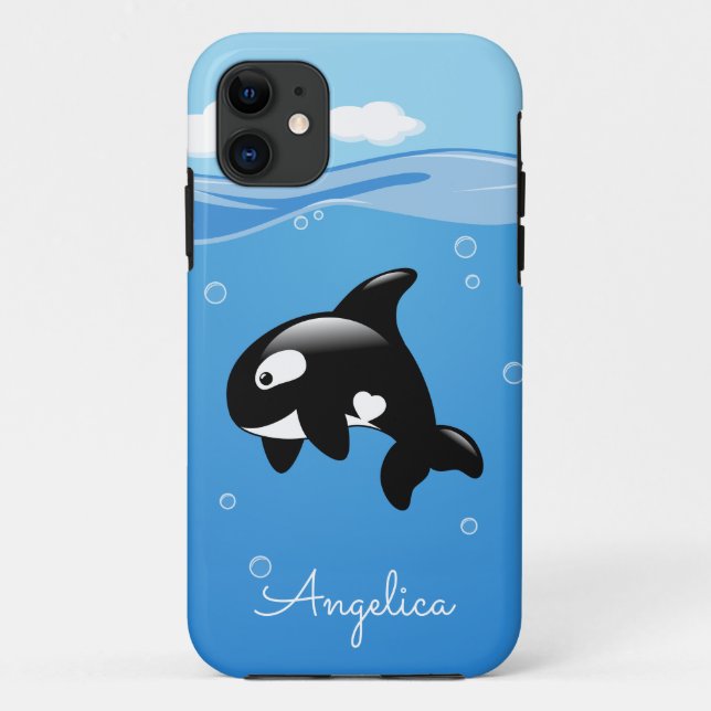 Coques Case-Mate iPhone Cute Orca Whale en Océan avec nom personnalisé (Dos)
