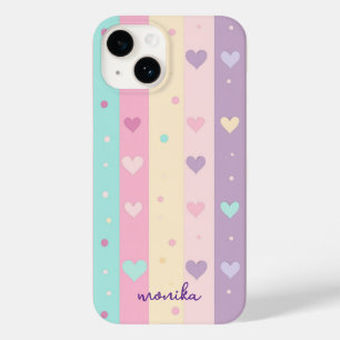 Coque Pour iPhone 14 Cute Pastel Stripes Coeurs Pois Monogramme