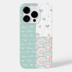 Coque Pour iPhone 14 Pro Cute Patchwork Love Hearts Rainbows Pastel