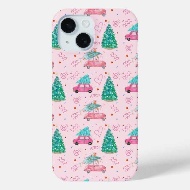 Coques Case-Mate iPhone Cute Pink Christmas Car Tree Seamless Pattern (Verso)