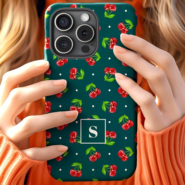 Coques Case-Mate iPhone Cute Polka Dot Cerises Sur Monogramme Turquoise (Créateur téléchargé)