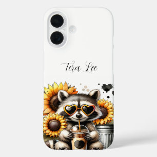 Coque Pour iPhone 16 Cute Raccoon et tournesols
