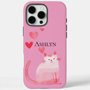 Coques iPhone 16 Pro Max Cute rose Stripes Chat avec le coeur