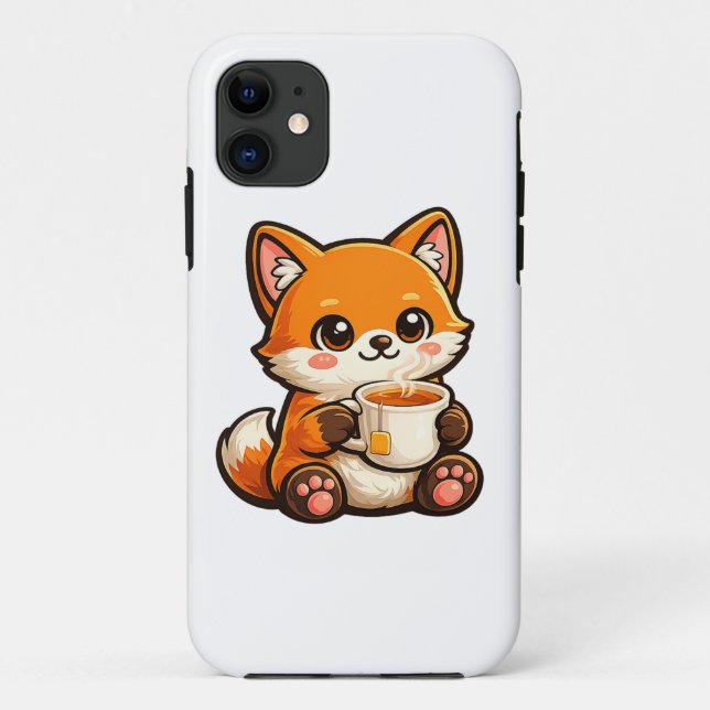 Coques Case-Mate iPhone Cute Tea Fox Illustration – Cozy Fox Drinking Tea (Dos)