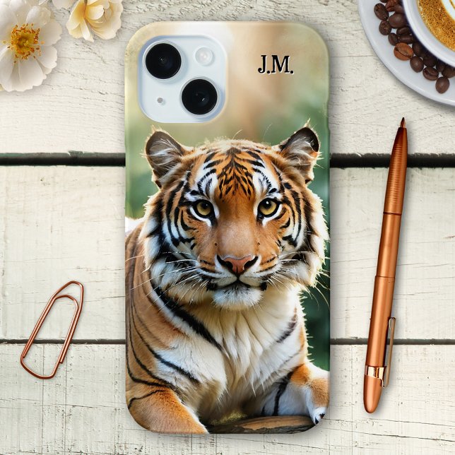 Coques Case-Mate iPhone Cute Tiger Cub Gros Chat (Big cat phone case featuring a painting of a cute tiger cub. You can add your custom initials.)