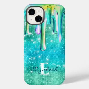 Coque Pour iPhone 14 Cute Unicorn Turquoise parties scintillant gouttes