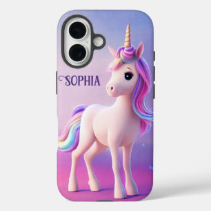 Coque Pour iPhone 16 Cute Unicorne Blanche Avec Rose & Bleu Mane