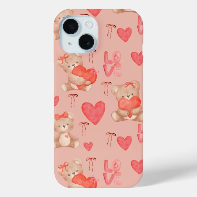 Coques Case-Mate iPhone Cute Valentines Brown Teddy Bear Seamless Pattern (Verso)