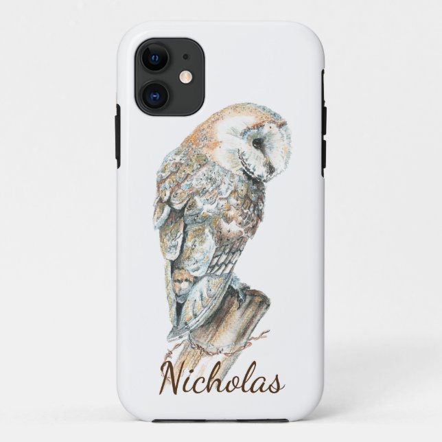Coques Case-Mate iPhone Cute Watercolor Barn Owl Bird Nom personnalisé (Dos)