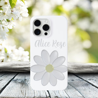 Coque iPhone 15 Pro Max Cute White Daisy Flower Personnalisé Nom Floral Mo