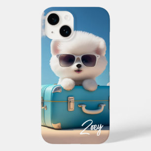 Coque Pour iPhone 14 Cute White Dog Travel Suitcase Nom personnalisé