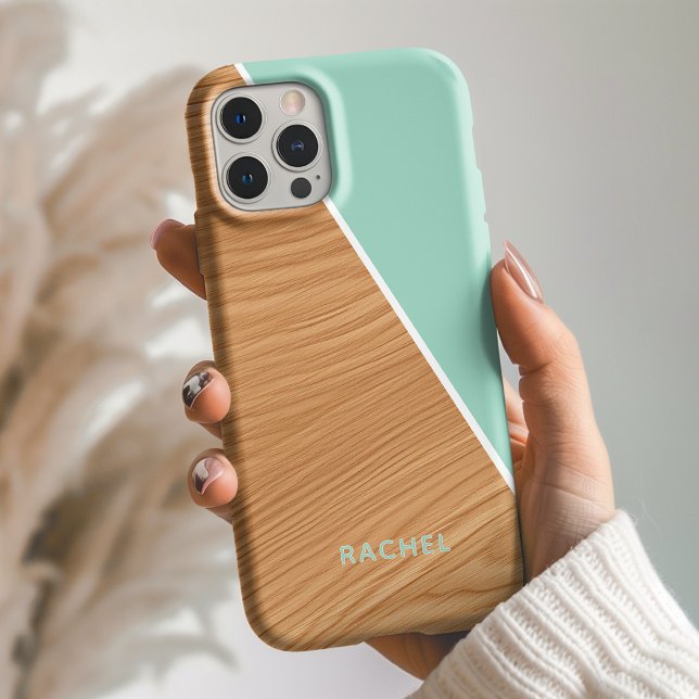Coques Case-Mate iPhone Cute Wood and Light Teal Personalized  (Créateur téléchargé)