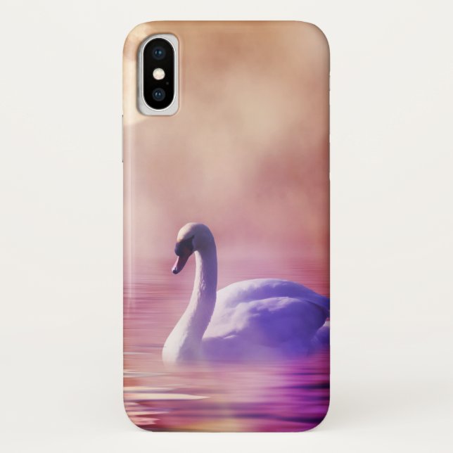 Coques Case-Mate iPhone Cygne blanc flottant sur un lac brumeux (Dos)