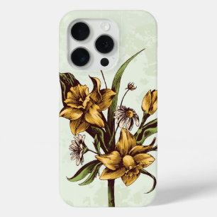 Coque iPhone 15 Pro Daffodiles vintages avec marguerites sur vert