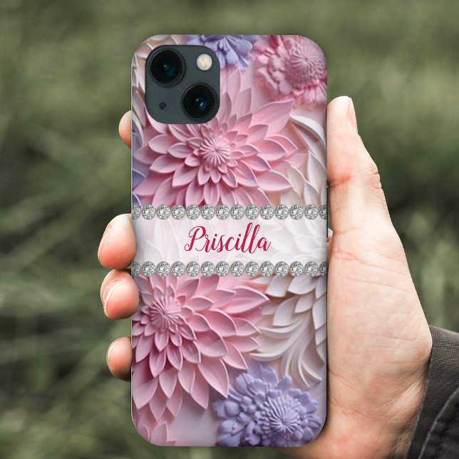 Coques Case-Mate iPhone Dahlias 3D pastels doux, cadre diamant personnalis (Créateur téléchargé)