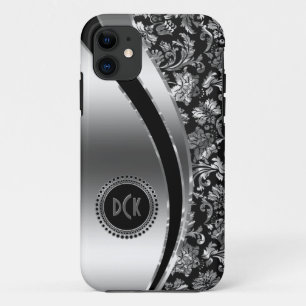 Coques Pour iPhone Damas argentés noir et métallique monogrammes