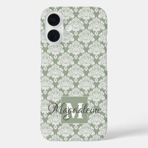 Coque Pour iPhone 16 Damas blanc sur Sage Green Monogramme & Nom Jolie