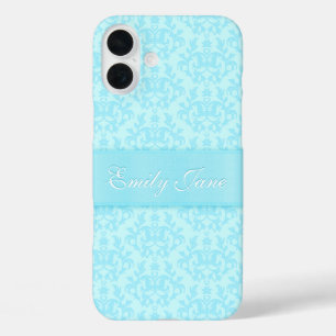 Coques iPhone 16 Plus Damas bleu clair nom personnalisé