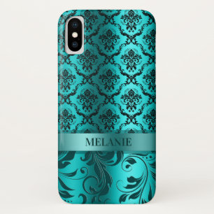 Coque iPhone X Damas Bleu Turquoise Avec Accent Métallique
