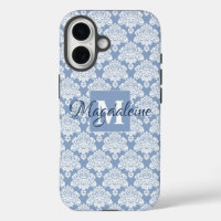 Damas en dentelle blanche sur Monogramme bleu Dust