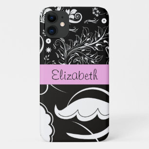 Coque iPhone 11 Damas, Fleurs, Noir et Blanc, Votre nom