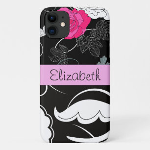 Coques Pour iPhone Damas, Fleurs, Noir et Blanc, Votre nom