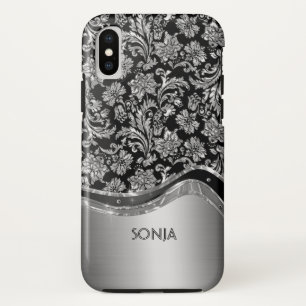 Coque iPhone X Damas florales argentées-grises métalliques