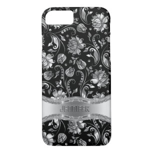 Etui iPhone Case-Mate Damas florales en argent noir et métallique monogr