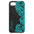 Damas Florales Noires Avec Dentelle Bleue Vert