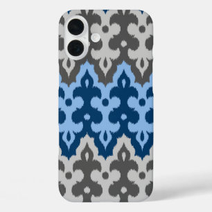 Coques iPhone 16 Plus Damas Ikat marocain, bleu et gris / gris