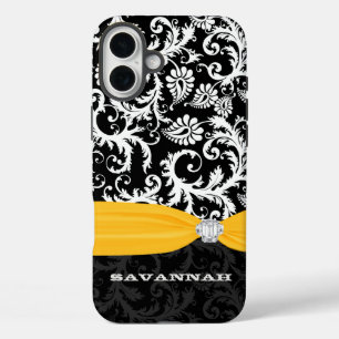 iPhone 16 Plus Case Damas jaune et blanc imprimé Faux Rhinestone