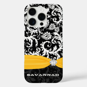 Coques iPhone 16 Pro Damas jaune et blanc imprimé Faux Rhinestone