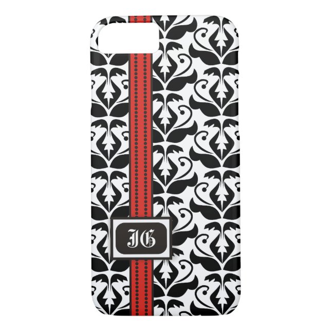 Coques Case-Mate iPhone Damas noir blanc avec bande rouge et monogramme (Dos)