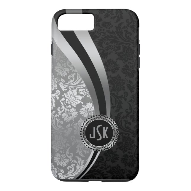 Coques Case-Mate iPhone Damas noir et argent Stripes dynamiques Monogramme (Dos)