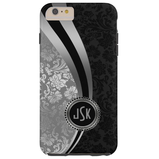 Coques Case-Mate iPhone Damas noir et argent Stripes dynamiques Monogramme (Dos)