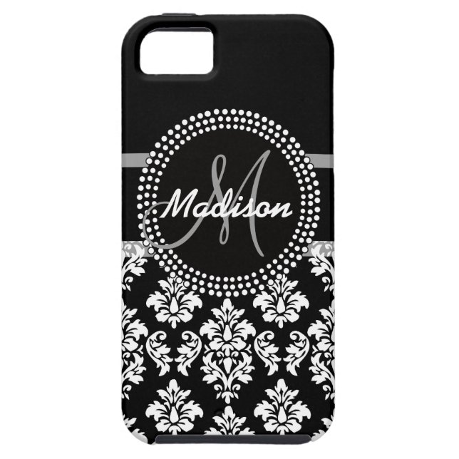 Coques Case-Mate iPhone Damas noir gris avec monogramme (Dos)