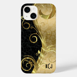 Coque Pour iPhone 14 Damas noirs élégants tourbillons dorés