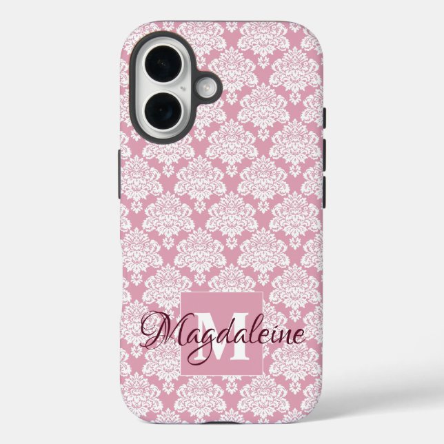 Coques Case-Mate iPhone Damask blanc sur Dusty Rose Monogramme & Nom Joli (Verso)