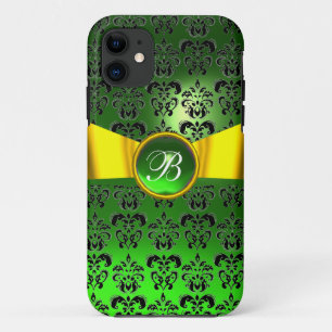 Coques Pour iPhone DAMASK FIÈRE MONOGRAM vert or jaune ruban
