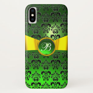 Coques Pour iPhone DAMASK FIÈRE MONOGRAM vert or jaune ruban